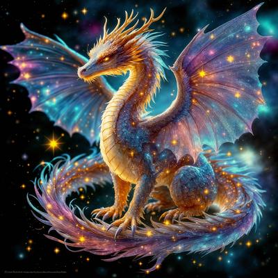The primary subject of the image is a dragon, which is the main object, scene, or focus of the image. The dragon is depicted in a digital art style, with a purple and blue color scheme. The setting or background of the image features a starry sky, giving the scene a celestial atmosphere.